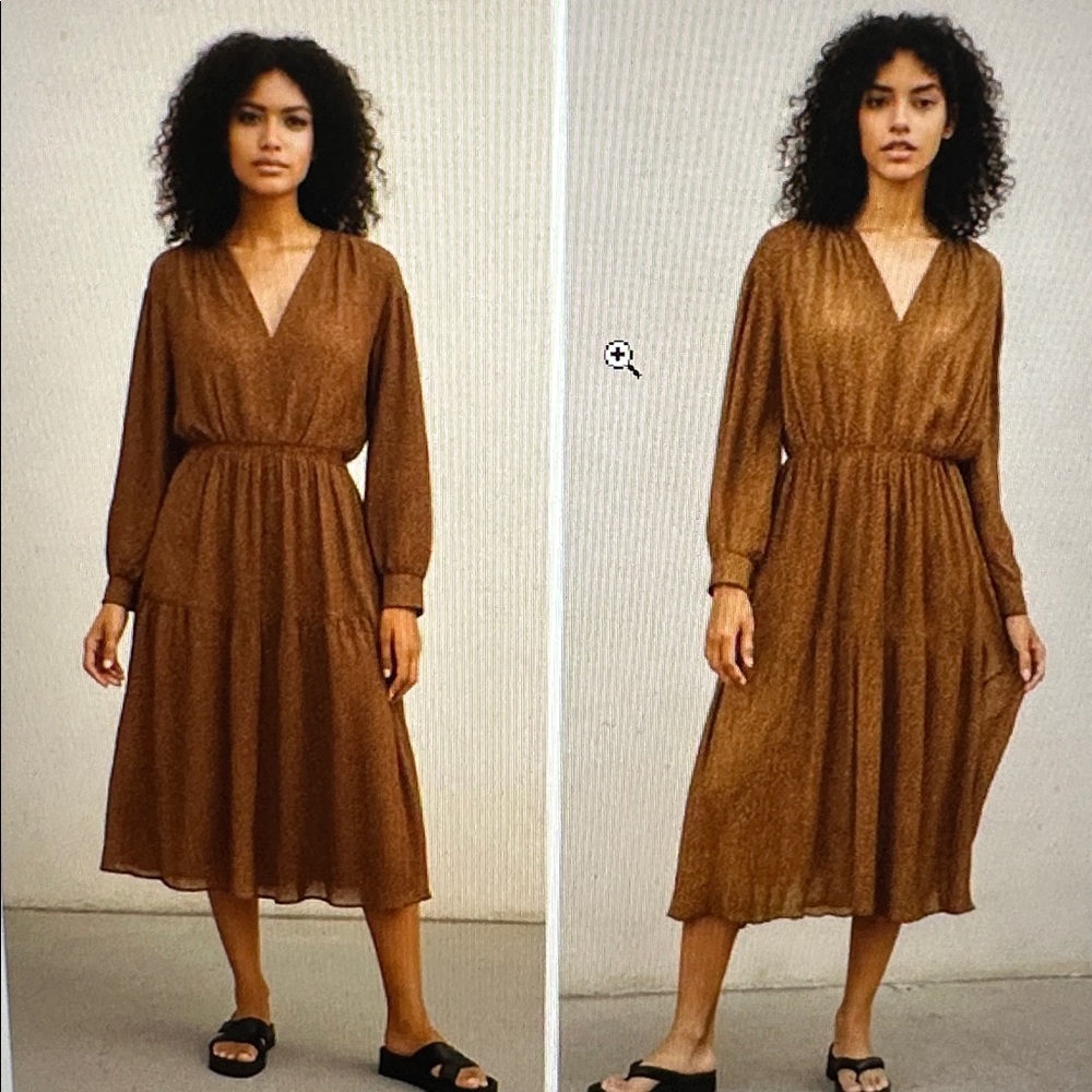 Vince Brown Long-Sleeve V-Neck Tiered Midi Dress